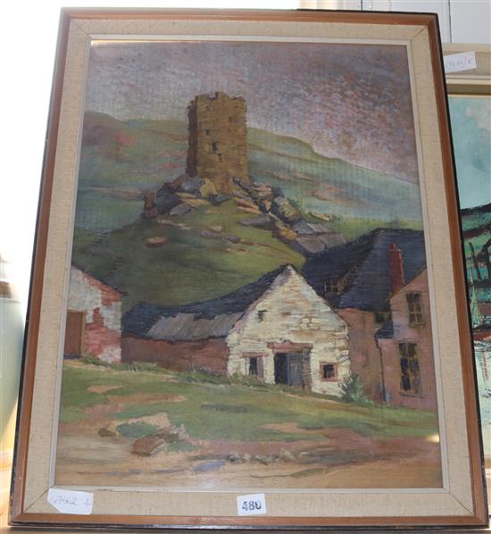 Follower of Paul Henry , pastel, Irish landscape with croft and ruined castle, bears label verso(-)